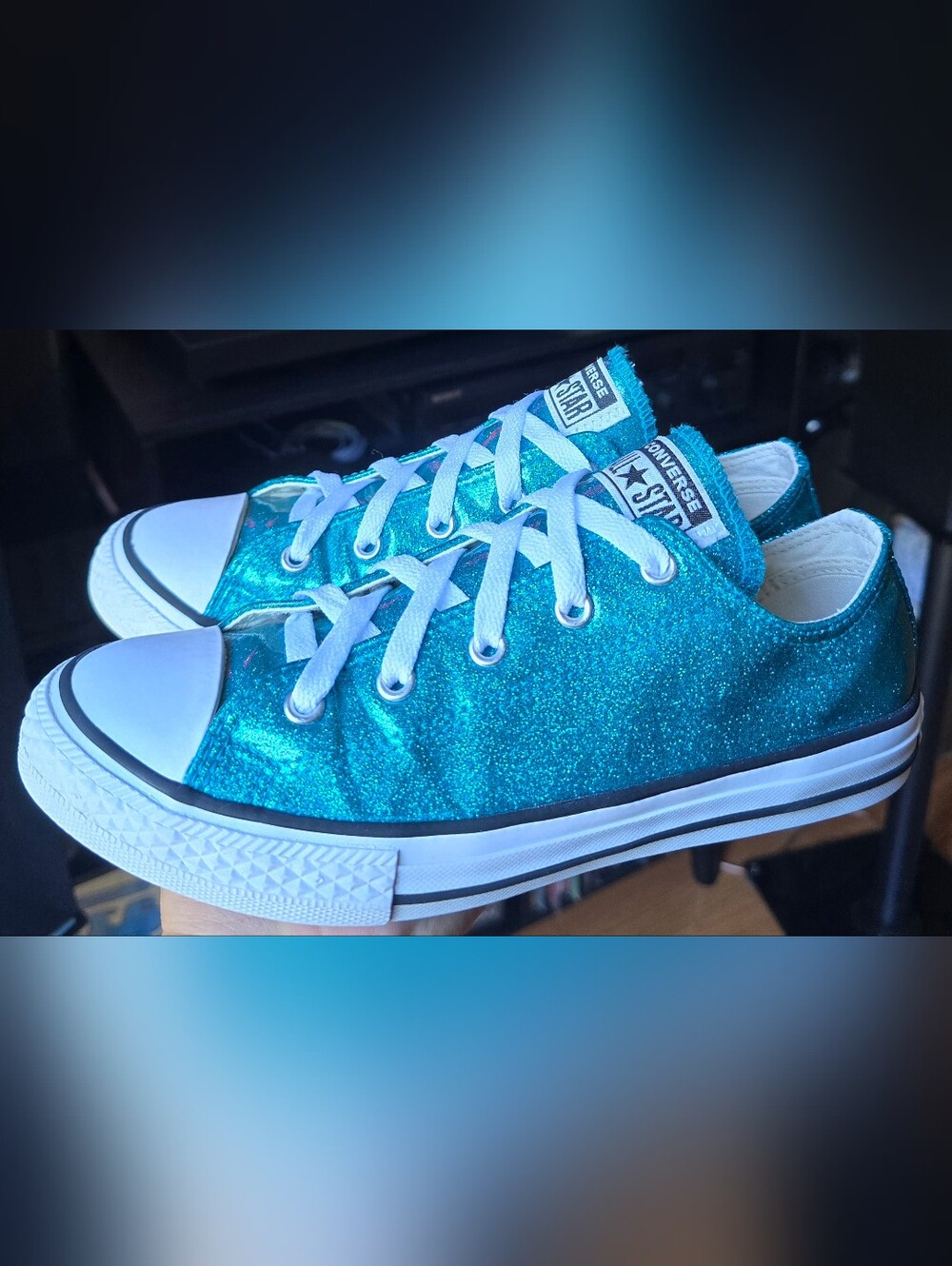 Sz 4 Big Kids CONVERSE CTAS 'Teal' Glitter Low Top Shoes